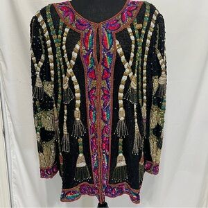 Vintage 1980s Holiday Silk Sequins and Beaded Jacket Christmas NYE Mardi Gras